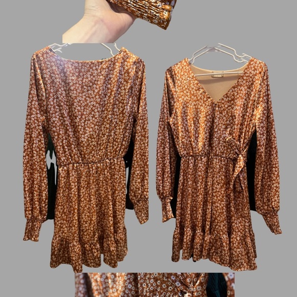 Altar’d State Rust Satin Floral Mini Dress | M | Long Sleeve Ruffle Hem - Picture 3 of 3